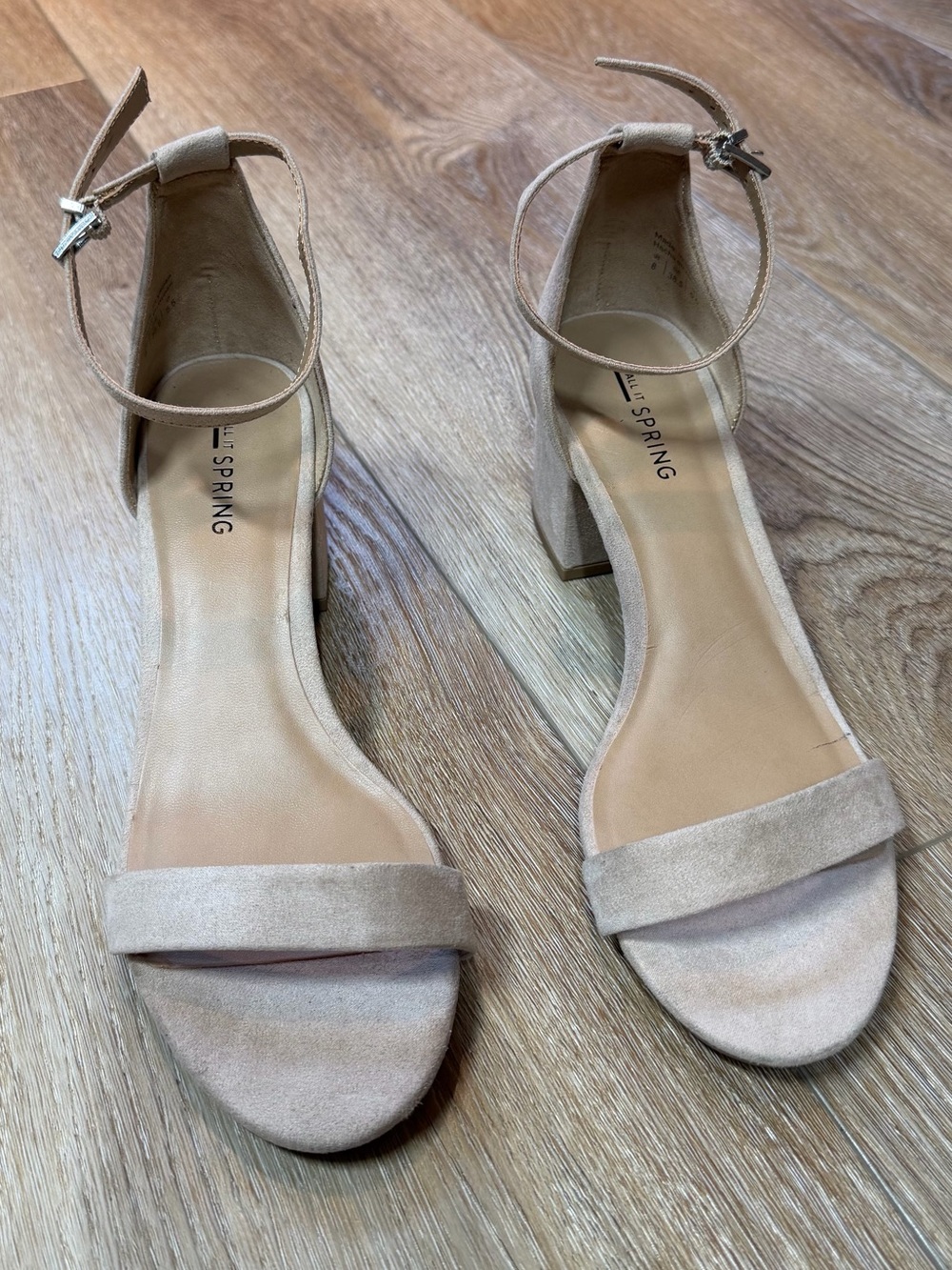 Call It Spring Stangarone Neutral Beige Vegan Suede Ankle Strap Heels, Size 8